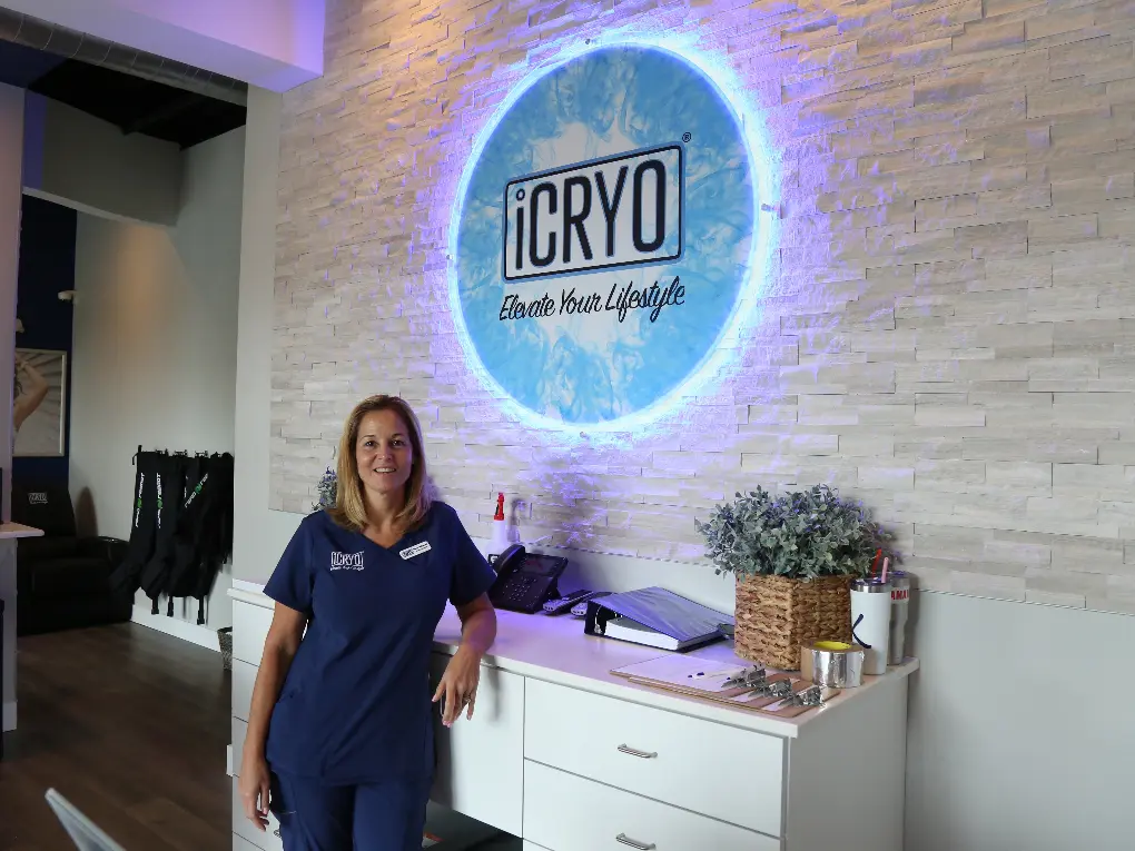 iCRYO Fairfield interior showing modern reception area with illuminated logo